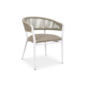 aluminum dining chairs and woven rope.
